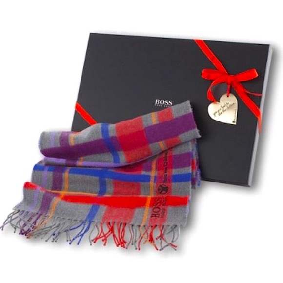 Vintage Rare HUGO Boss Plaid Merino Wool Scarf